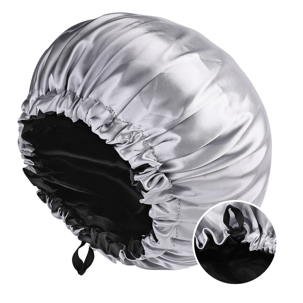 Grand bonnet réversible en Satin - Double couche -  Taille réglable - pour protéger les cheveux