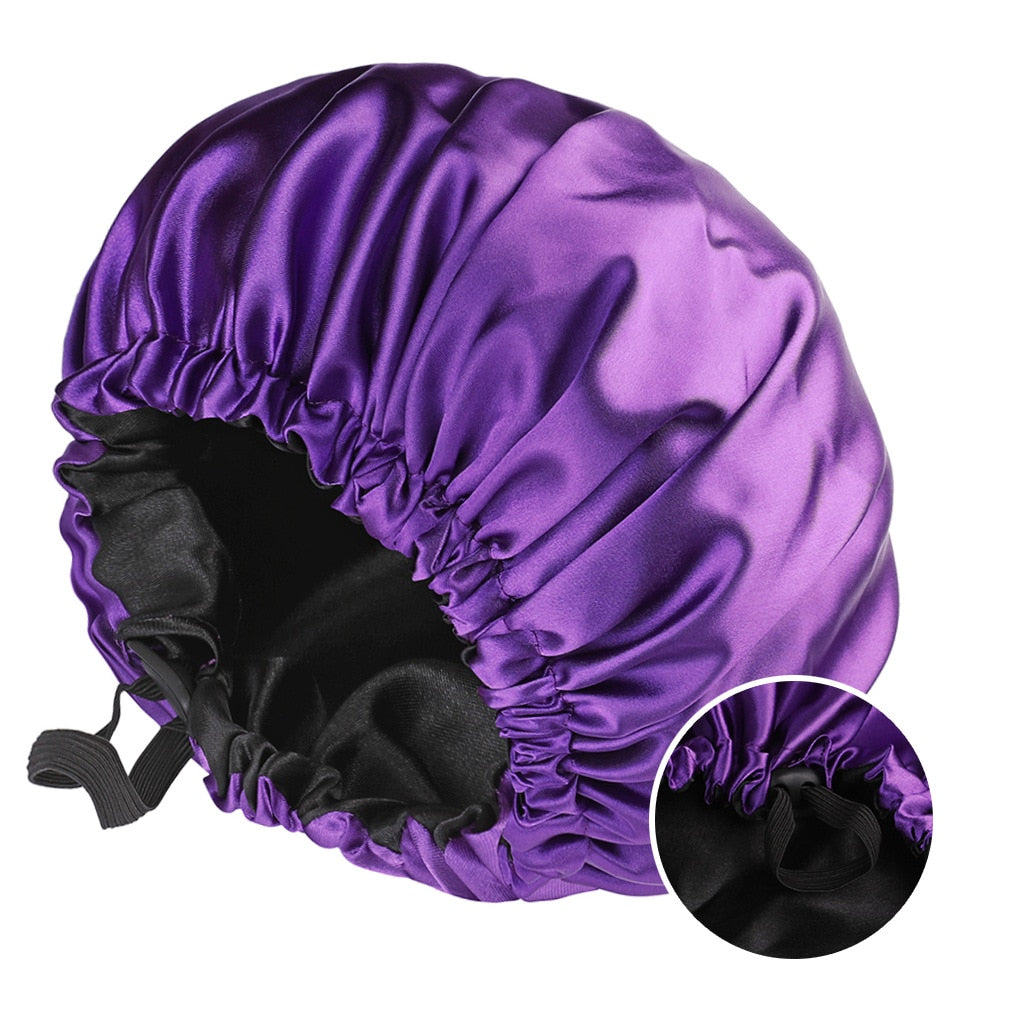 Grand bonnet réversible en Satin - Double couche -  Taille réglable - pour protéger les cheveux