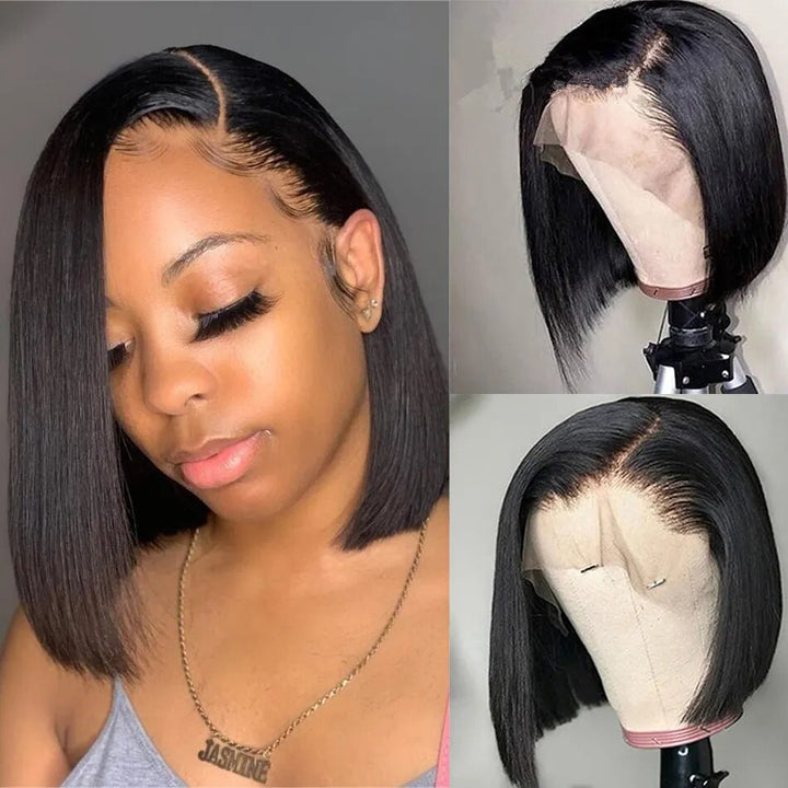 Perruque courte Bob sans colle Lace Frontal - en cheveux humains lisses 180% densité