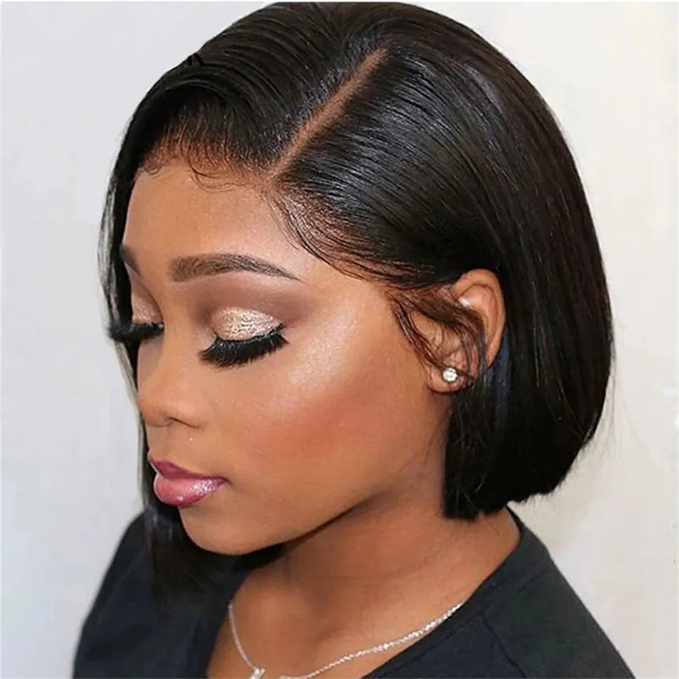 Perruque courte Bob sans colle Lace Frontal - en cheveux humains lisses 180% densité