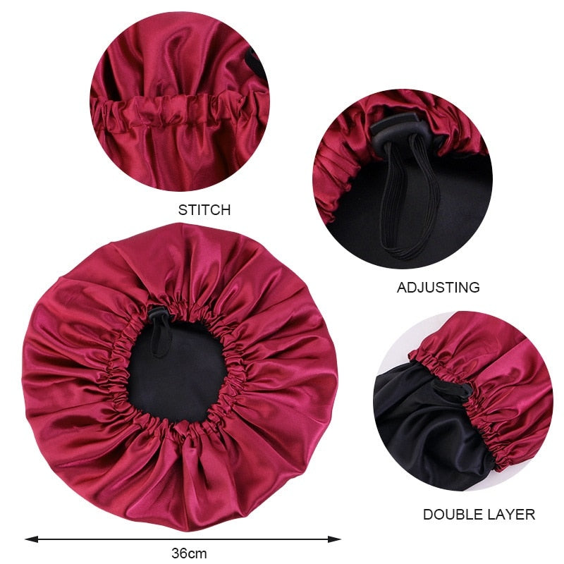 Grand bonnet réversible en Satin - Double couche -  Taille réglable - pour protéger les cheveux